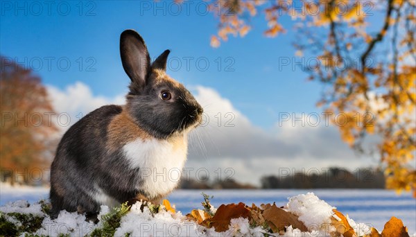 KI generated, A colourful dwarf rabbit in autumn, ice, snow, onset of winter, side view, (Brachylagus idahoensis)