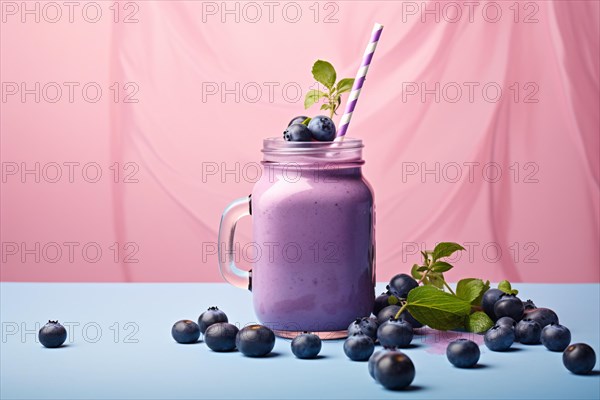 Glass jar with blueberry smoothie or milkshake. KI generiert, generiert AI generated