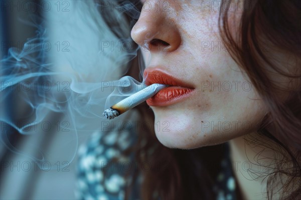 Close up of beautiful young woman smoking a cigarette. KI generiert, generiert AI generated