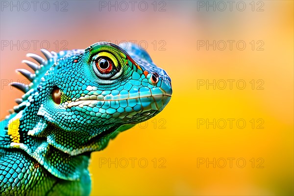 European green lizard portrait with its vibrant colors in hues of green and blue, AI generated