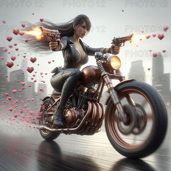 A woman in action shooting guns while riding a vintage rusty motorcycle, hearts flying around her, AI generated