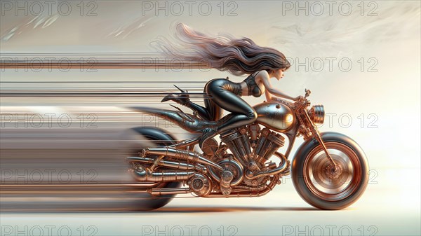 Artistic representation of a woman speeding on a motorcycle with a strong sense of forward motion, AI generated