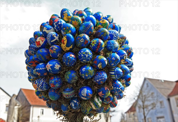 Detail of an Easter fountain in Franconian Switzerland, Bamberg district, Upper Franconia, Germany, many colourful blown-out and dyed eggs as decoration, Easter custom, Europe