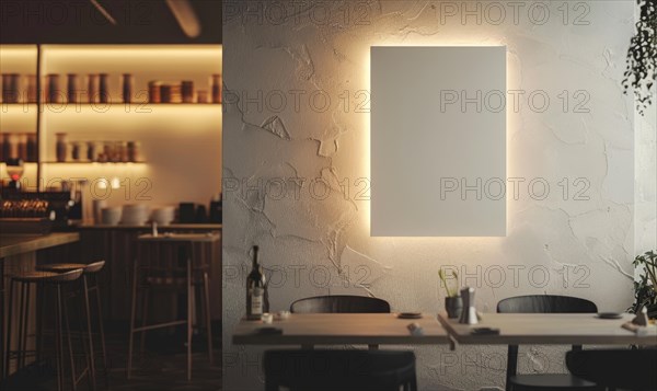 Elegant cafe setting with an illuminated empty frame and wooden furniture AI generated