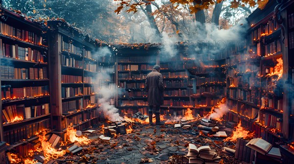 Symbolic image for a book burning, a man stands in front of several bookshelves that start to burn from below, AI generated, AI generated