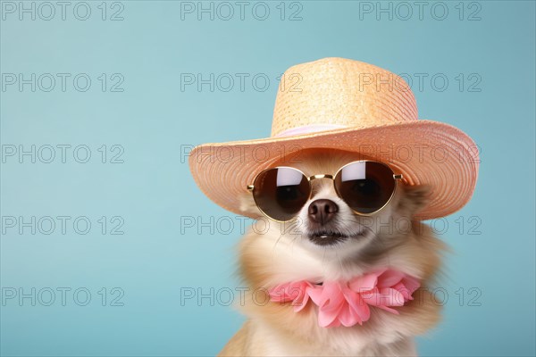 Funny dog with summer straw hat, large sunglasses and pink Hawaiian Lei flower necklace in front of pastel blue studio background. KI generiert, generiert AI generated