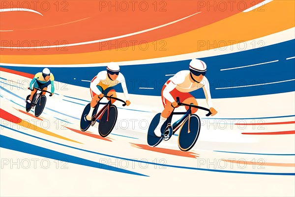 Cyclists in velodrome, color line art, AI generated