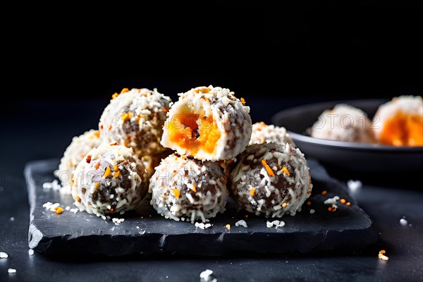 Carrot cake bliss balls coated in desiccated coconut, AI generated