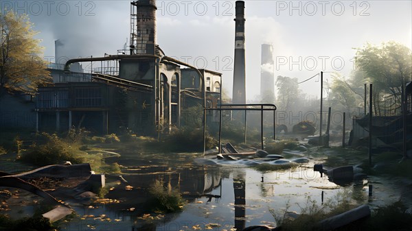 Abandoned playground partially submerged by an overflowing river, AI generated