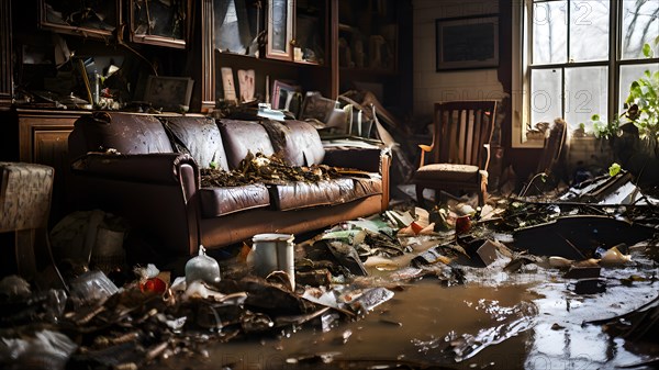 Interior of a flooded home furniture and personal items drenched, AI generated