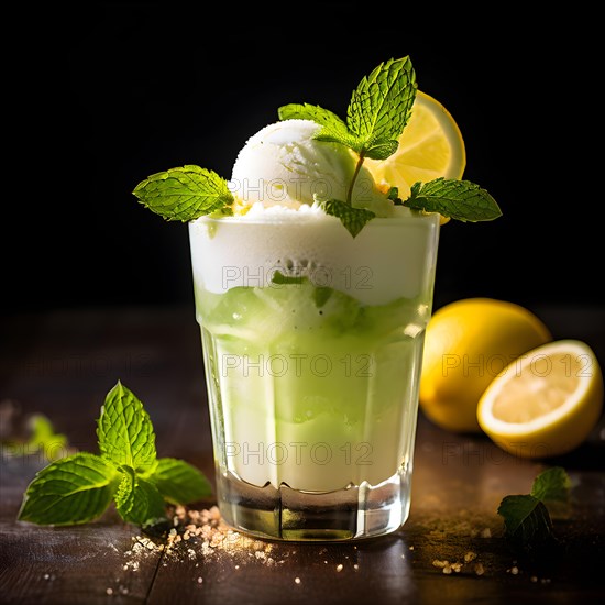 Ice cream float with sparkling elder flower soda lemon sorbet and fresh mint leaves, AI generated