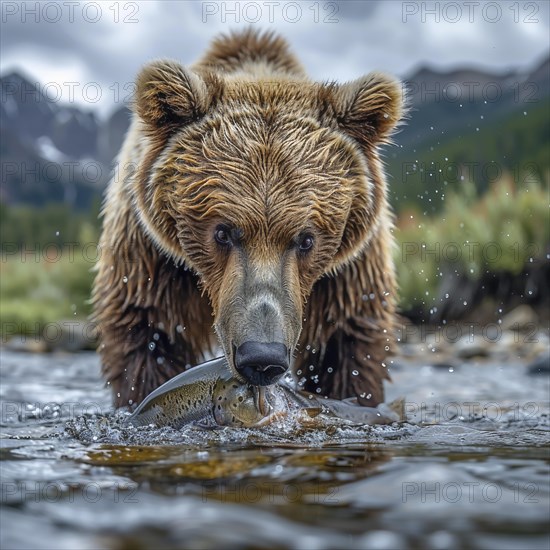 A brown bear hunts salmon in shallow clear water, AI generated