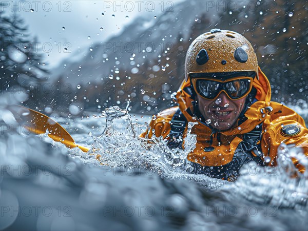 Whitewater riders ride boats through rapids, AI generated