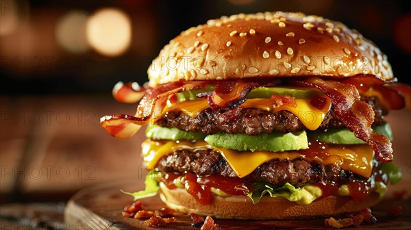 Stacked double cheeseburger with bacon, cheese, and lettuce on a toasted sesame seed bun, ai generated, AI generated