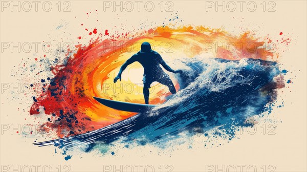 A vibrant action shot of a surfer on a wave at sunset with dynamic splatter art, ai generated, AI generated