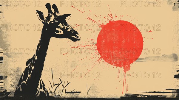 Silhouette of a giraffe with a red splatter on a yellow-beige background, ai generated, AI generated