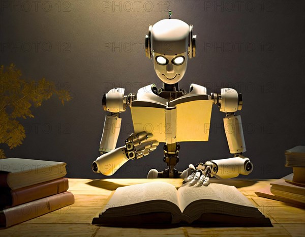 A robot reads a book in warm light with other books around it, AI generated, AI generated