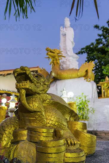 Buddhist temple, evening light, religion, Buddhism, world religion, statue, sculpture, worship, God, icon, faith, believe, culture, history, cultural history, cult, church, dragon, dragon figure, travel, holiday, tourism, Kao Lak, Thailand, Asia