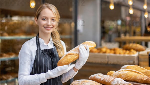 Ai generated, woman, 20, 25, years, shows, bakery, bakery shop, baquette, white bread, France, Paris, Europe