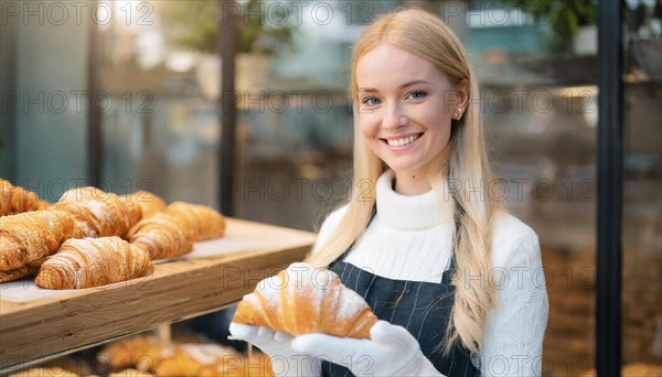 KI generated, woman, 20, 25, years, shows, bakery, bakery shop, baquette, white bread, croissant, France, Paris, Europe