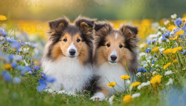 KI generated, Two long-haired collies lying in a colourful flower meadow, (Canis lupus familiaris), Lassie