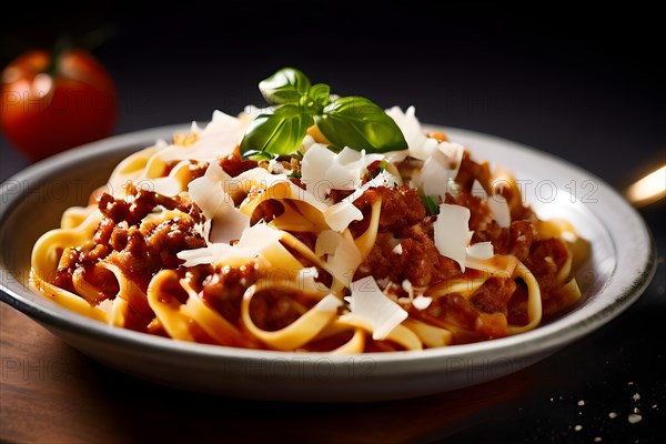 Handmade tagliatelle pasta drenched in a lavish bolognese sauce, AI generated