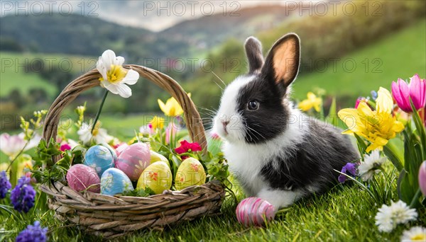 Ai generated, An Easter basket with coloured eggs in a meadow with colourful flowers, in the basket a black and white dwarf rabbit, symbolic image Easter, animal children