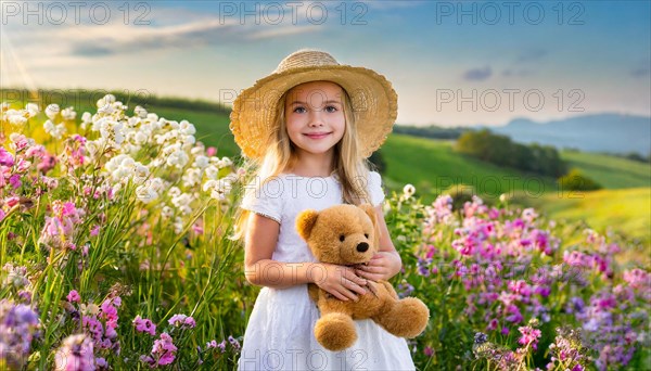 Ai generated, A blonde girl, 8 years old, enjoys the summer in a meadow with lots of flowers and is happy about her teddy bear, mascot