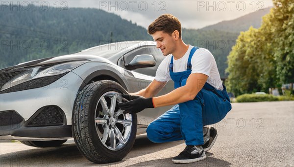 AI generated, A mechanic changes the tyres on a customer's car, tyre fitting, silver car