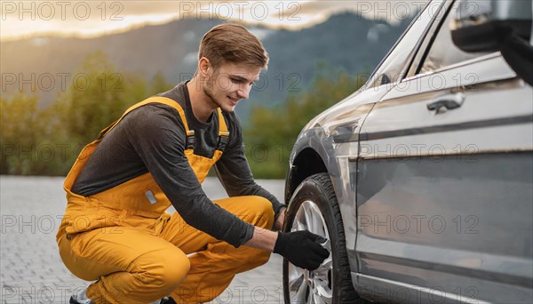 AI generated, A mechanic changes the tyres on a customer's car, tyre fitting, silver car