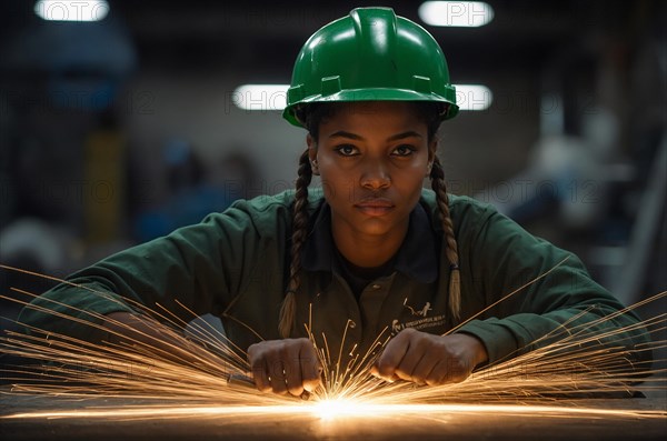 Female african american worker intensely focused while welding with bright sparks flying, women at heavy industrial contruction jobs, feminine power and rights concept, AI generated