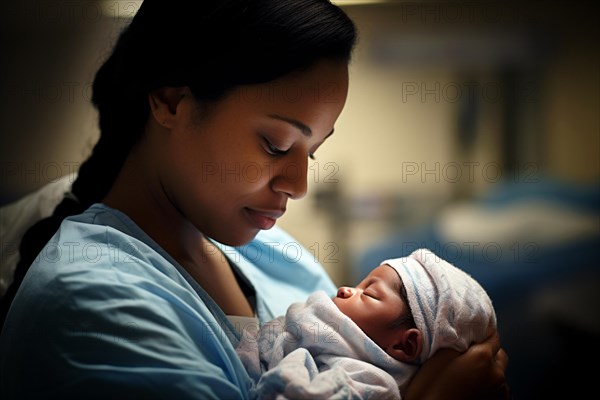Young black african american mother or nurse in blue hospotal scrub holding newborn baby. KI generiert, generiert AI generated