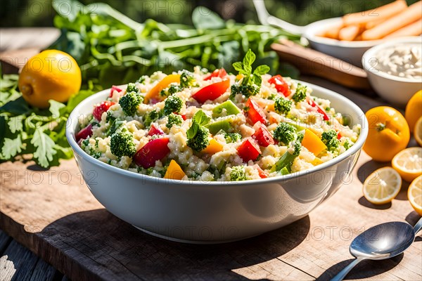 Quinoa salad abounding with colorful vegetables and lemon tahini dressing, AI generated