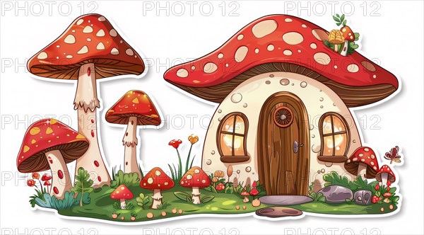 Whimsical illustration of a fantasy mushroom house surrounded by nature and small details, ai generated, AI generated