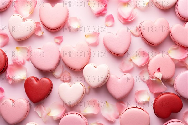 Top view of pink romantic heart shaped French macaron sweets. KI generiert, generiert AI generated