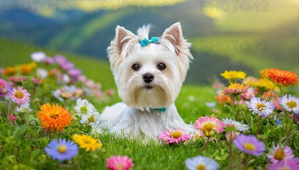 KI generated, A white Yorkshire Terrier lying in a flower meadow, (Canis lupus familiaris)