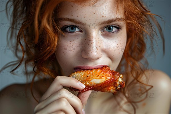 Portrait of young woman enjoying chicken wing fast food. KI generiert, generiert AI generated