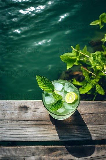 Classic mojito with fresh mint leaves resting on a weathered wooden dock calm lake waters extending, AI generated