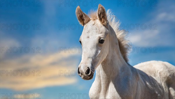 KI generated, A white foal, portrait, blue sky, horses, grey foal