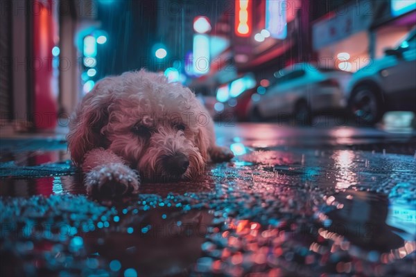 An abandoned, stray, young mixed-breed dog lies on a wet road at night and looks sad, AI generated, AI generated, AI generated