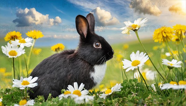 KI generated, A black and white dwarf rabbit in a meadow with white and yellow flowers, spring, side view, (Brachylagus idahoensis)