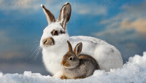 KI generated, A mountain hare with young in winter, (lepus timidus)