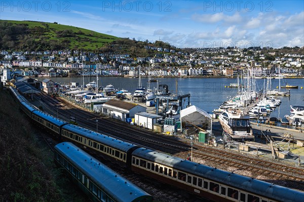 Darthaven Marina and Kingswear Railway Line over River Dart, Devon, England, United Kingdom, Europe