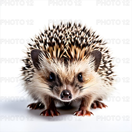 European hedgehog curled into a defensive ball spikes sharply protruding, isolated on white background, AI generated