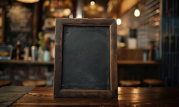 A blackboard on a wooden table with a blurred cafe background AI generated