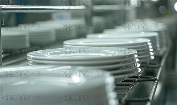 Sleek white plates arranged neatly on a metal rack in a commercial kitchen setting AI generated