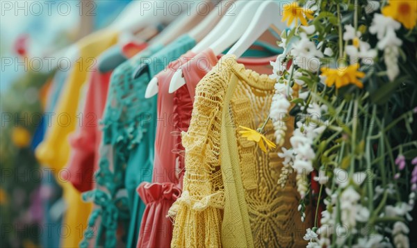 Colorful dresses on hangers with a background of blooming flowers AI generated
