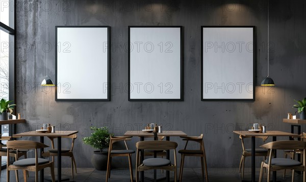 Industrial-style cafe with wooden tables, hanging lights, and a series of empty frames on a dark wall AI generated