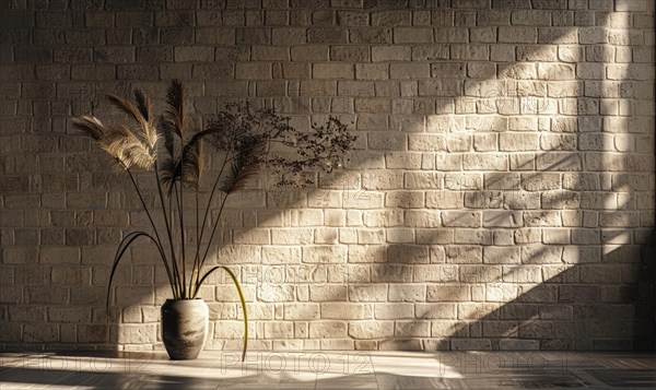 Warm sunlight illuminates a vase with flowers casting intricate shadows on a brick wall AI generated