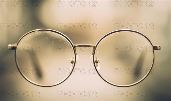 A close-up of old-fashioned round-lensed glasses with smudges, tinted in sepia AI generated
